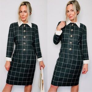 VINTAGE | 60s Wool Mod Long Sleeve Plaid Charcoal Gray Midi
Dress
